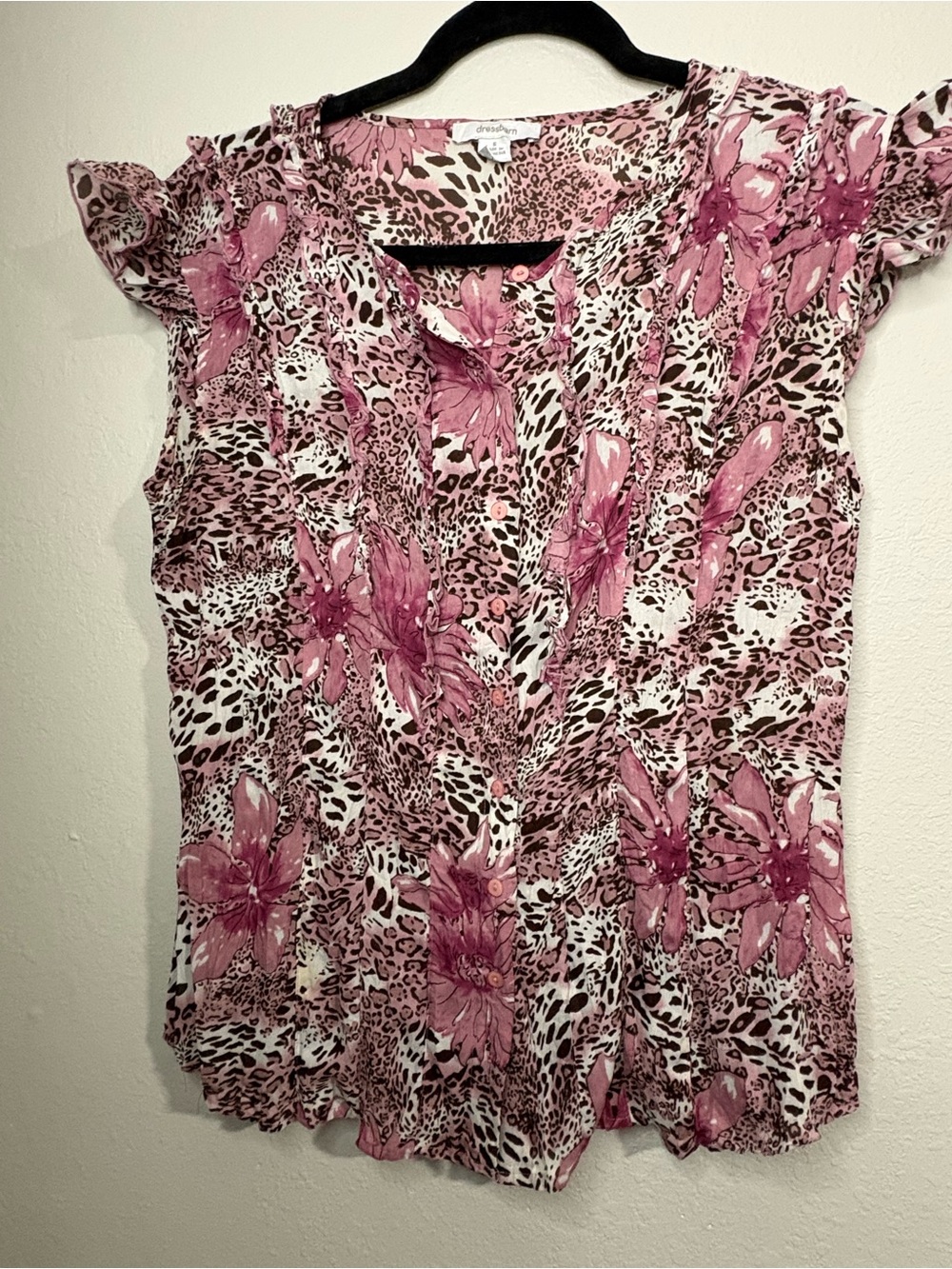dressbarn Pink Floral & Leopard Print Ruffle Sleeve Blouse